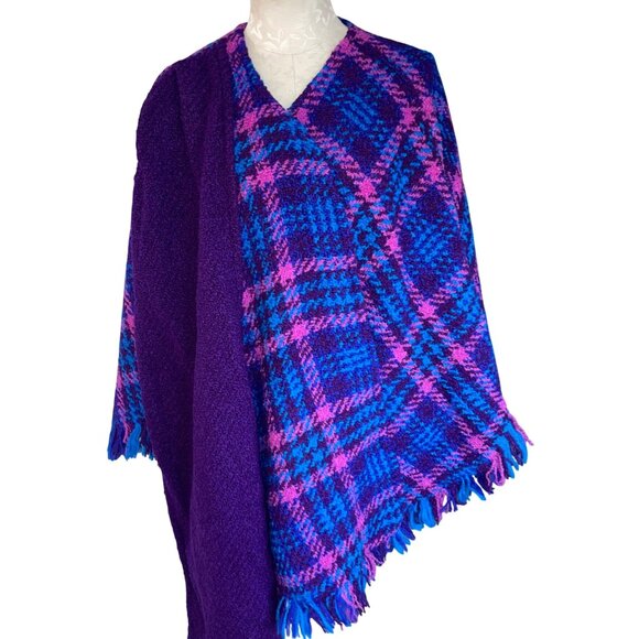 Boyne Valley Weavers Womens One Size Blue Wool Hand Knit Plaid Shawl Poncho - Picture 11 of 11